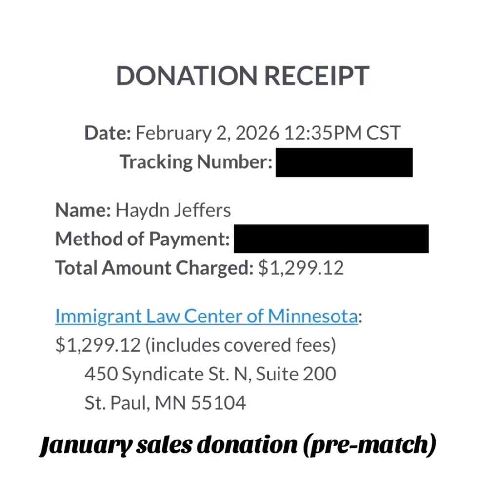 Donation receipt showing funds donated to the Immigrant Law Center of Minnesota